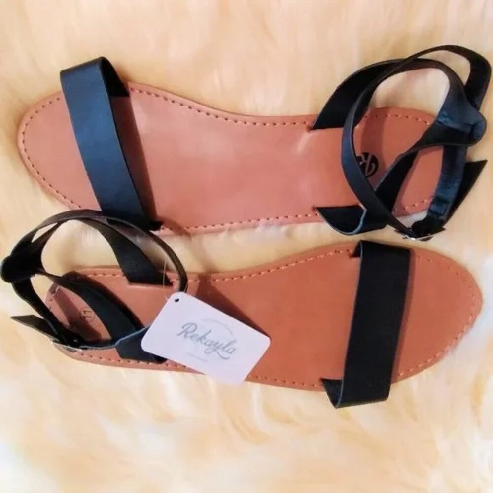 Rekayla (11) Flat Faux Leather Ankle Strap and Adjustable Buckle Sandals